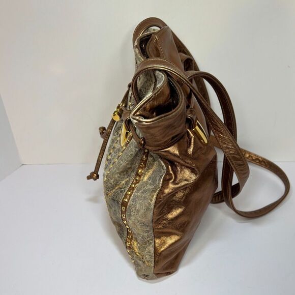 Valerie Artisan Textile Bronze Leather Studded Crossbody Bag Womens Designer - Picture 6 of 9